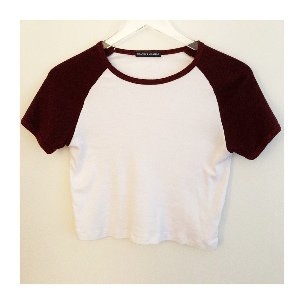 Brandy Melville Cropped Short Sleeved Baseball Shirt Burgundy and White